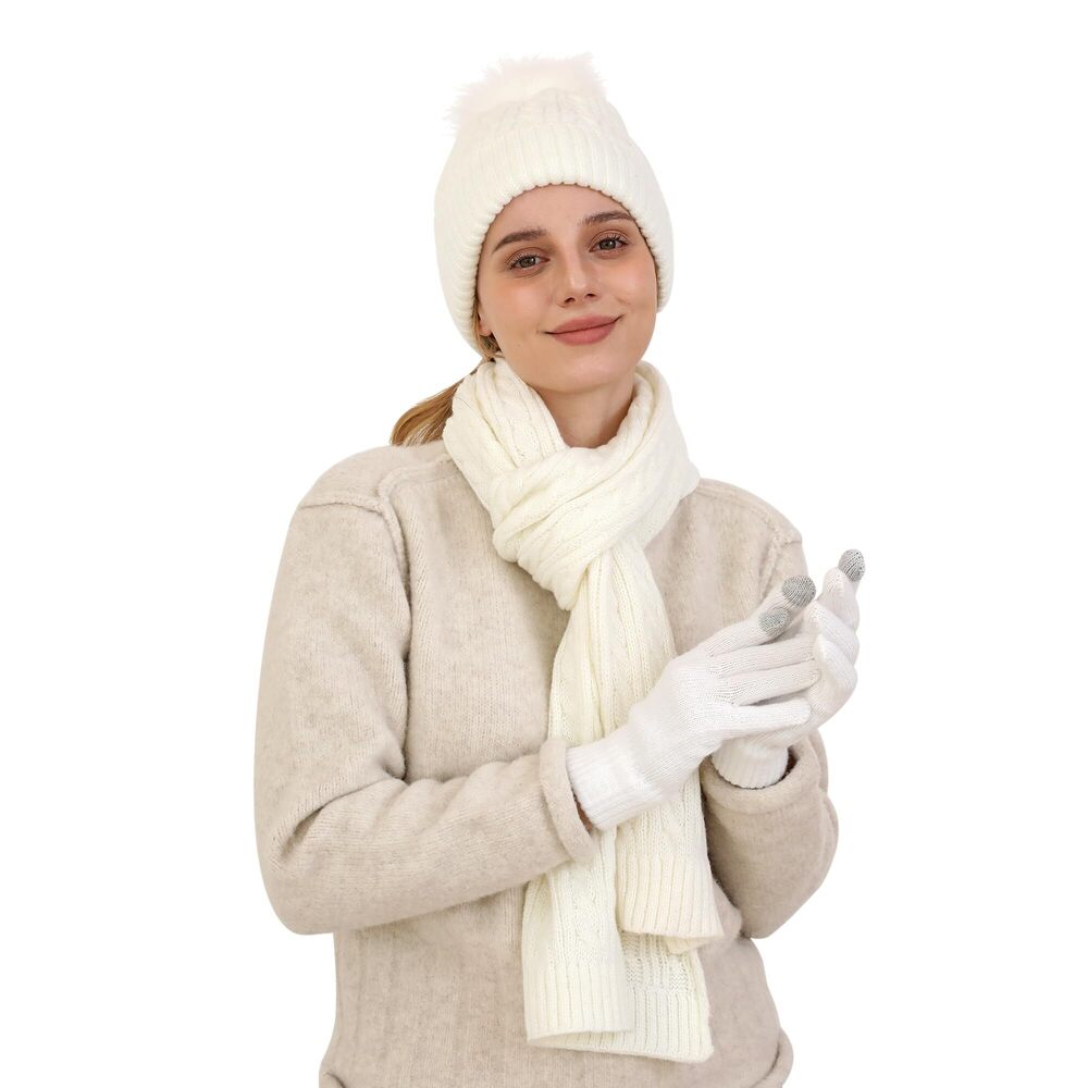 2240 Winter Beanie Hat Scarf Gloves Set Beanie with Pom Long Scarf Warm